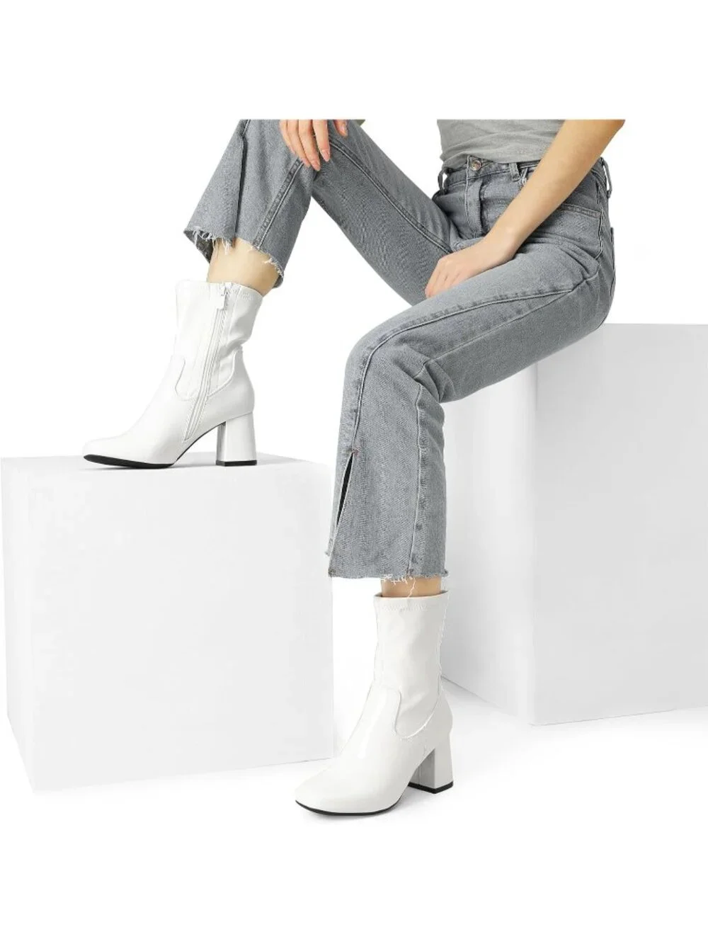 👢DREAM PAIRS Women's White-Pat Mid Calf Ankle Boots Low Block Heels Square Toe